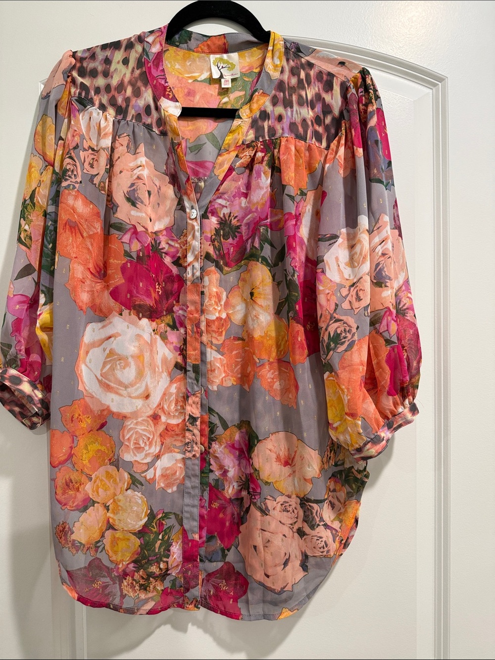 fig and flower Sheer Floral Button-Up Blouse in Pink, Orange and Yellow